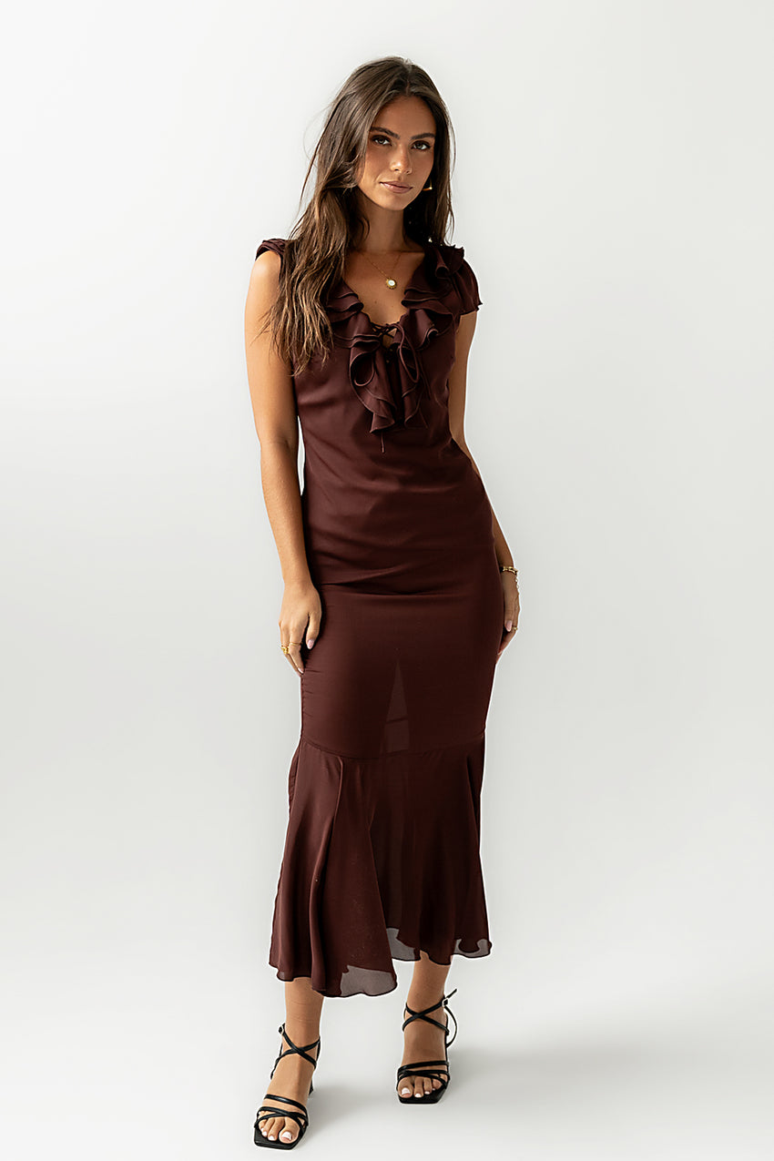 Reese Ruffle Maxi Dress in Red-Brown