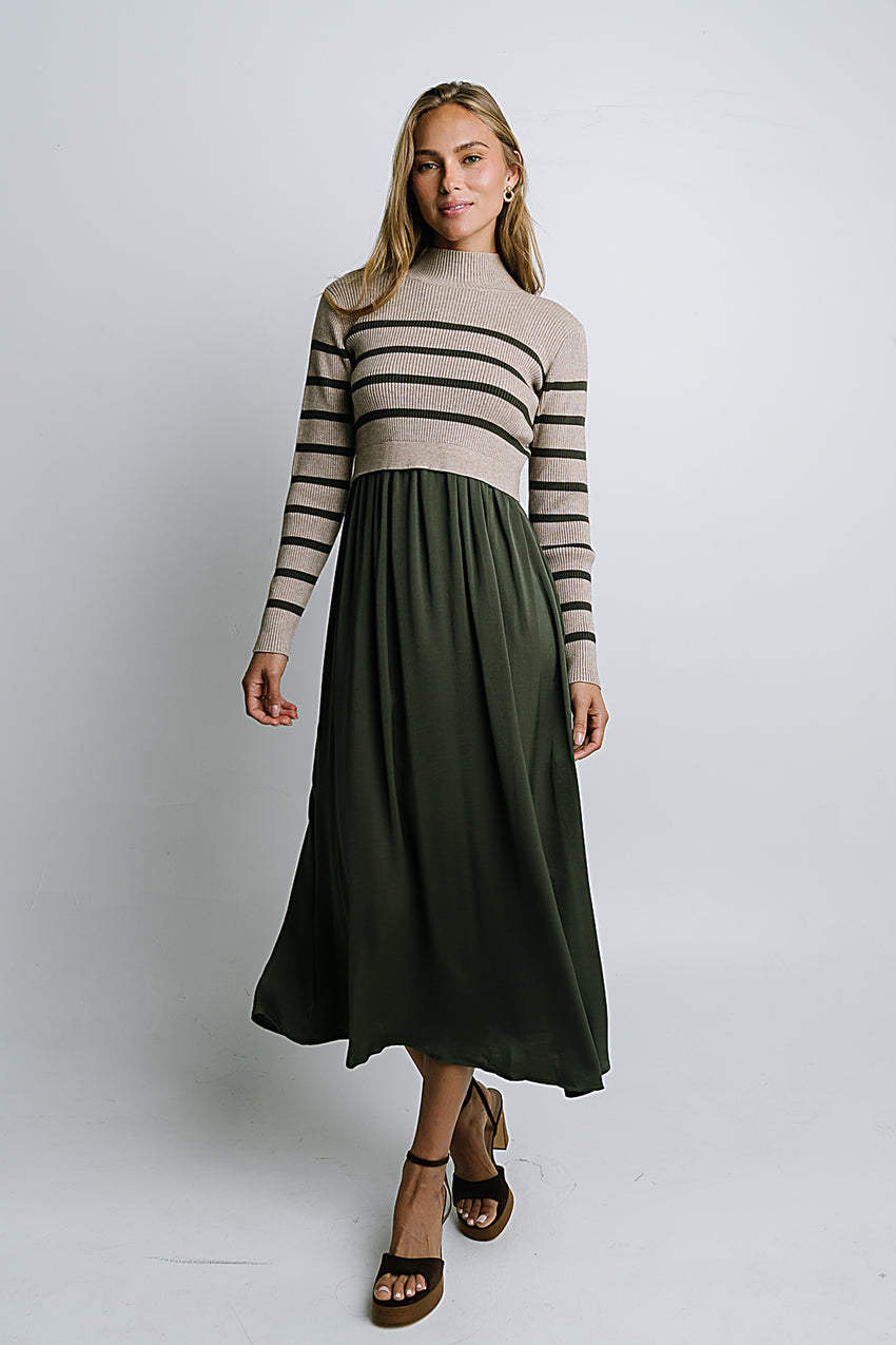 Zeda Midi Dress in Olive Stripe