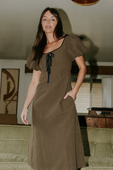 Elle Gingham Midi Dress in Brown