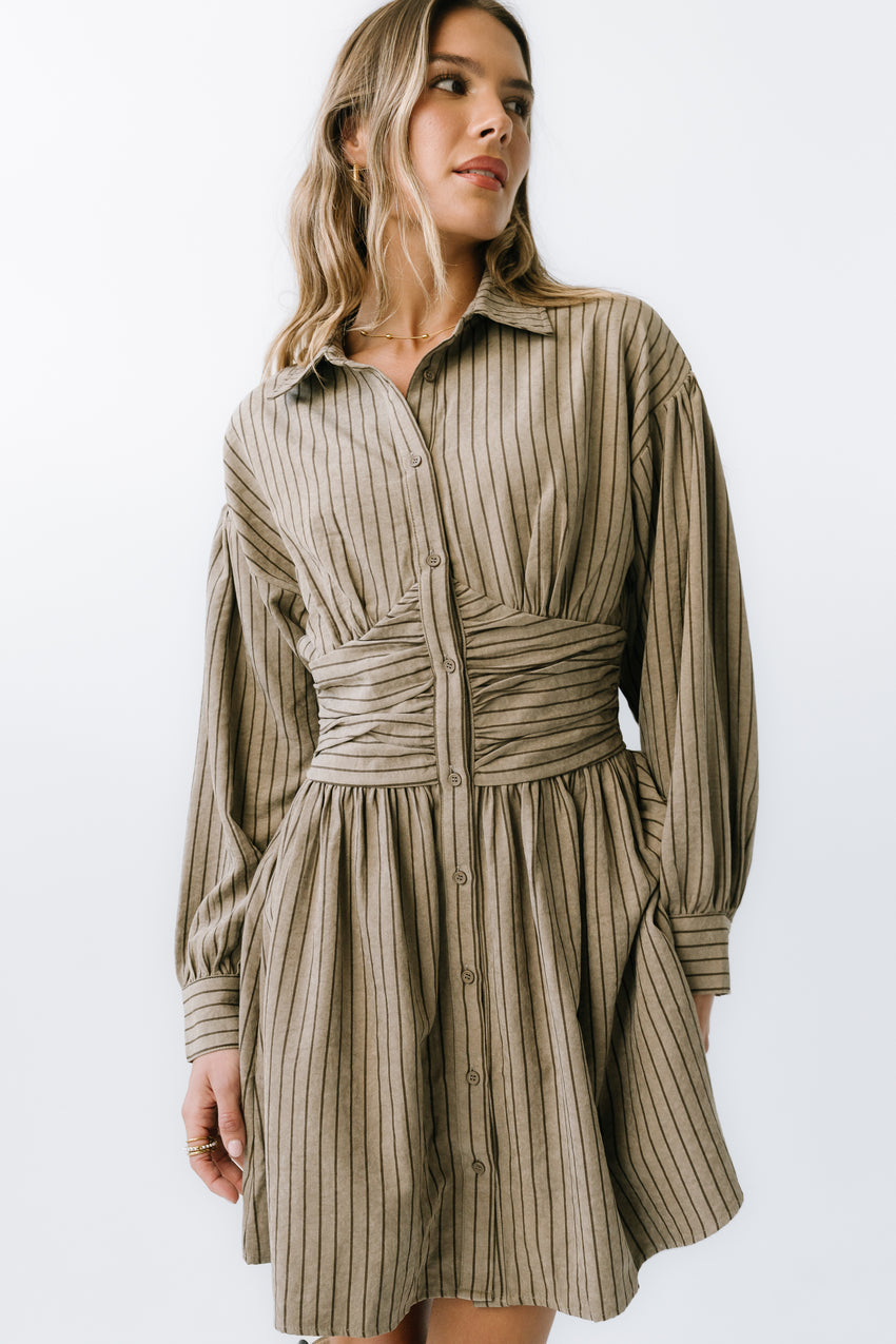 Lonnie Striped Mini Dress in Taupe