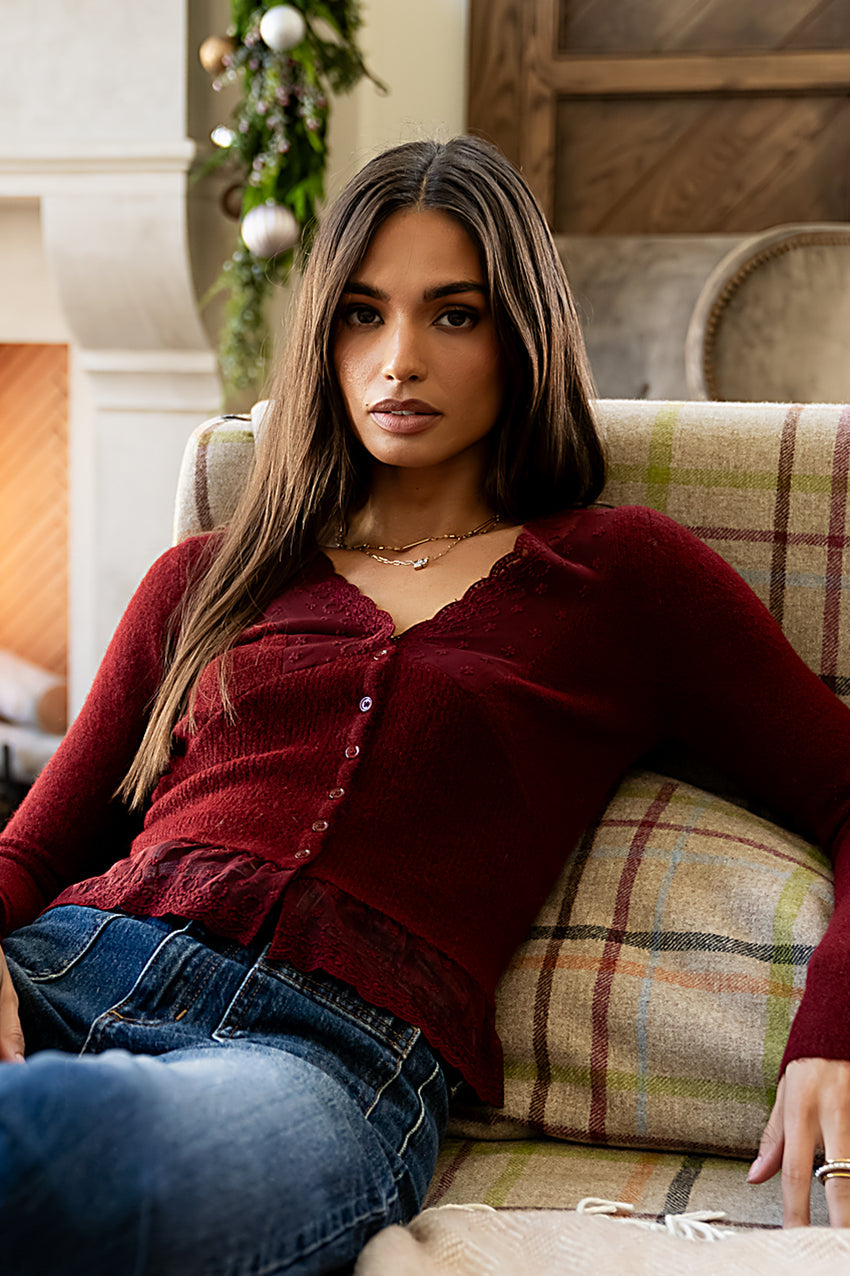 Angie Lace Trim Sweater in Red
