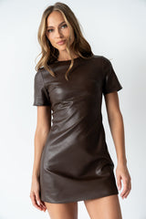 Moxie Vegan Leather Mini Dress in Brown