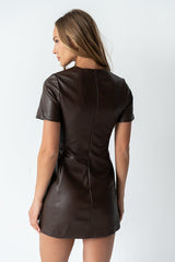 Moxie Vegan Leather Mini Dress in Brown