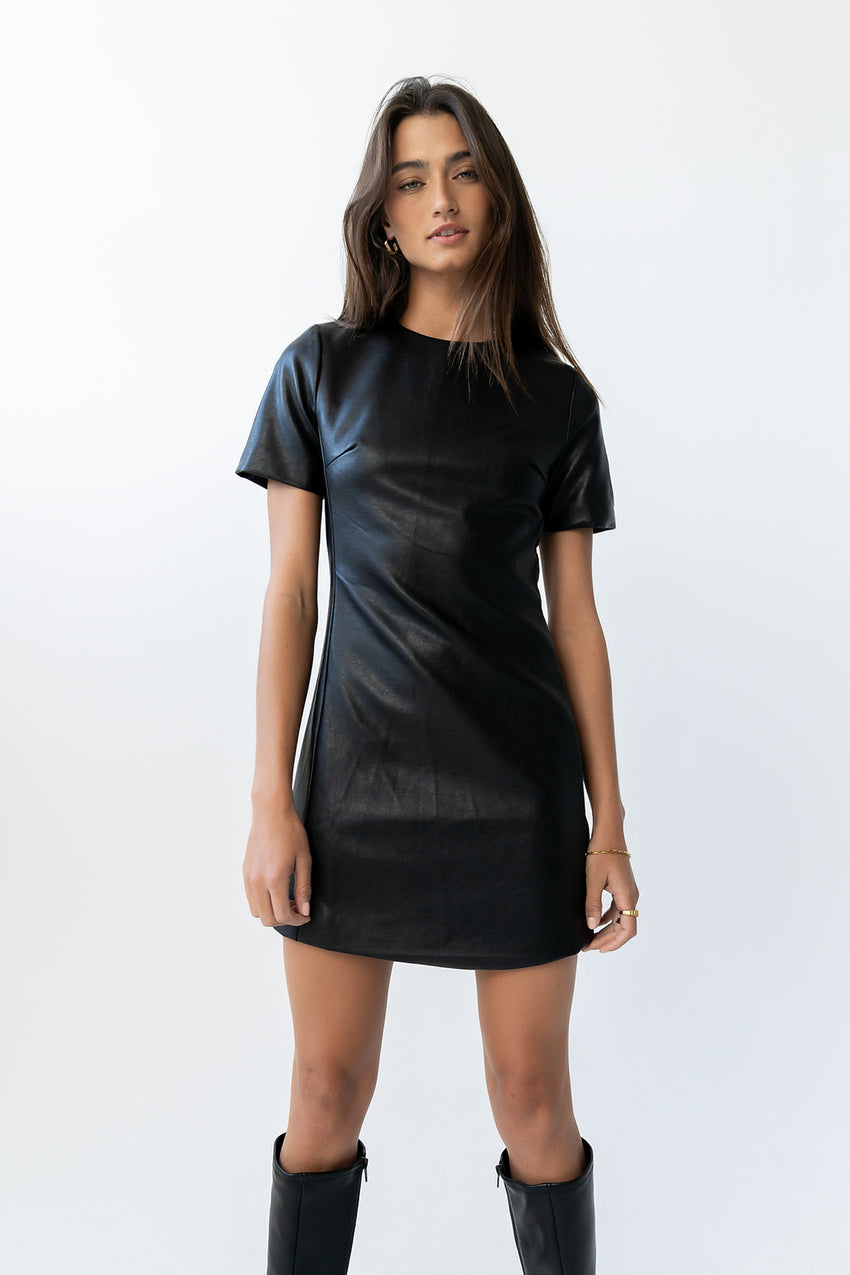 Moxie Vegan Leather Mini Dress in Black