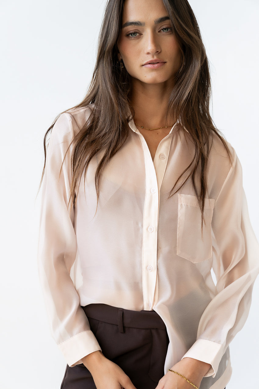 Liberty Sheer Button Up Blouse in Blush
