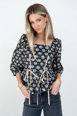 Jerzey Floral Peplum Blouse in Black