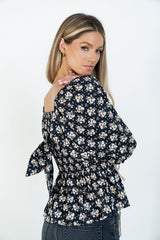 Jerzey Floral Peplum Blouse in Black
