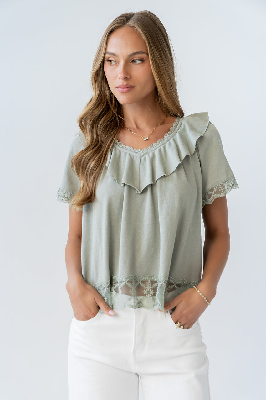 Lilian Lace Trim Top in Sage
