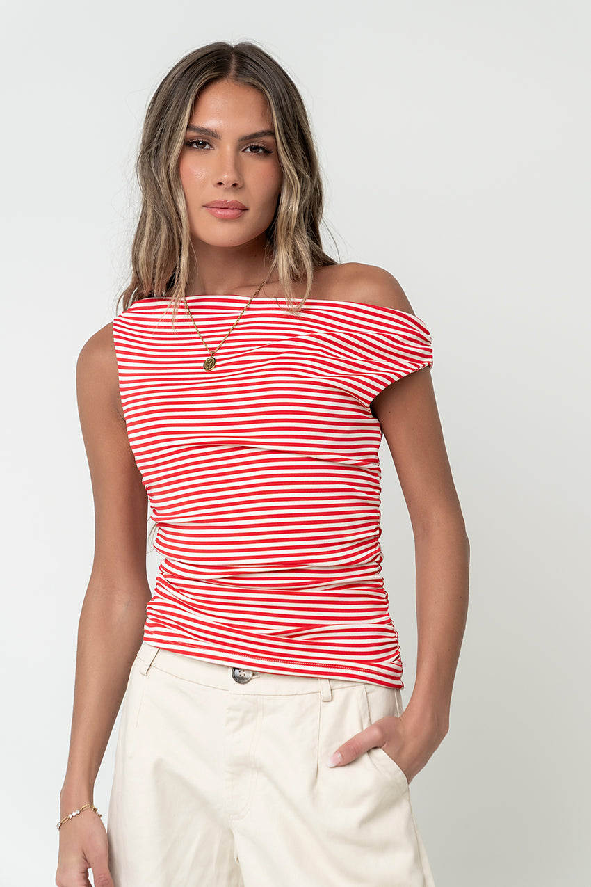Michelle Boatneck Striped Top in Red