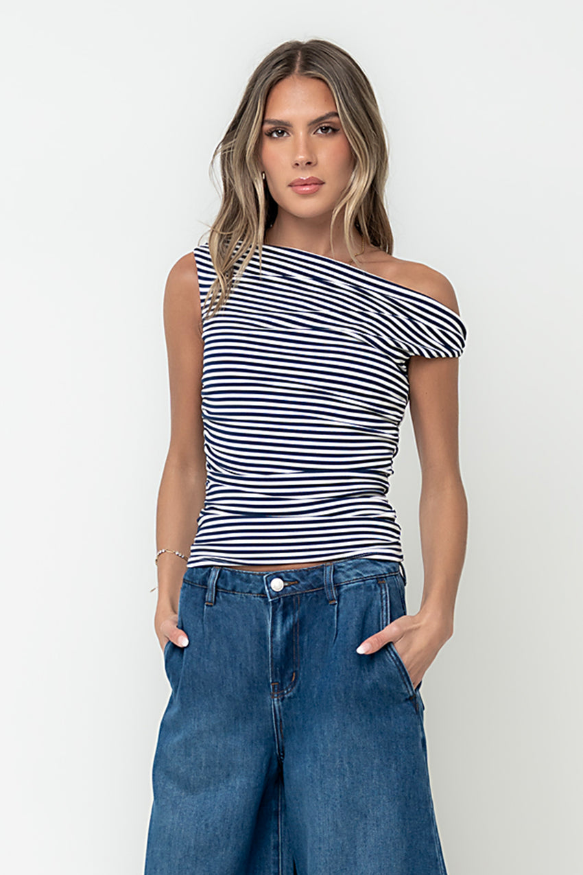 Michelle Boatneck Striped Top in Navy