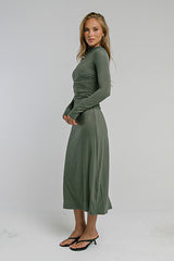Ruth Ruched Midi Dress in Olive