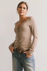 Logan Lace Trim Top in Taupe
