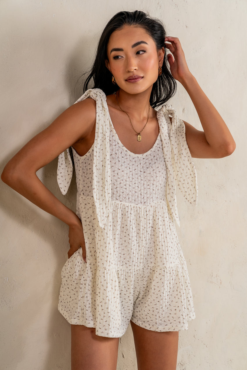 Mary Floral Knit Romper in Ivory