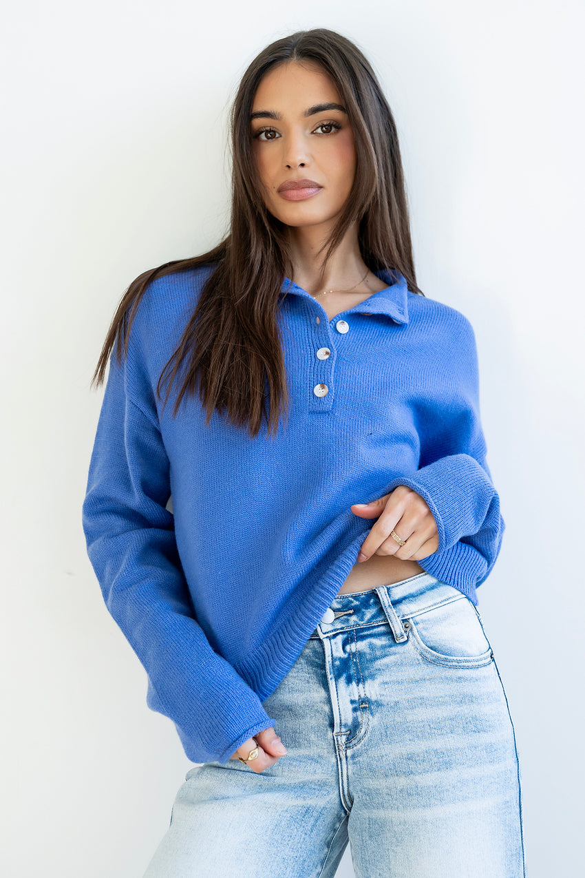 Meli Button Front Knit Sweater in Blue
