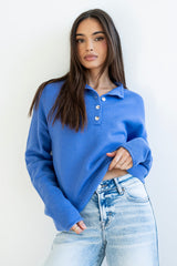 Meli Button Front Knit Sweater in Blue