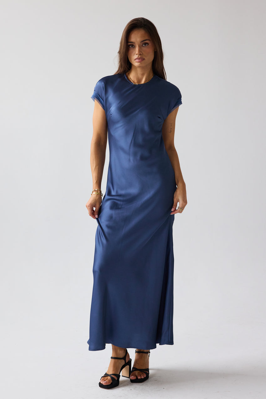 Hanna Satin Maxi Dress in Blue